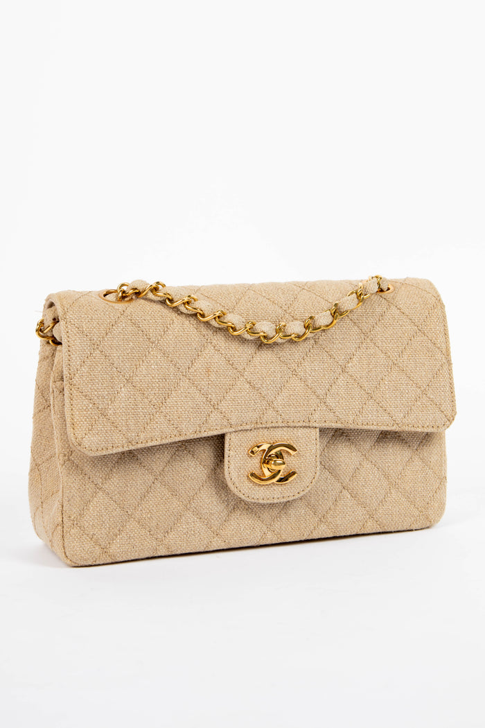 90s Chanel Linen Small Double Flap Shoulder Bag with 24k GHW