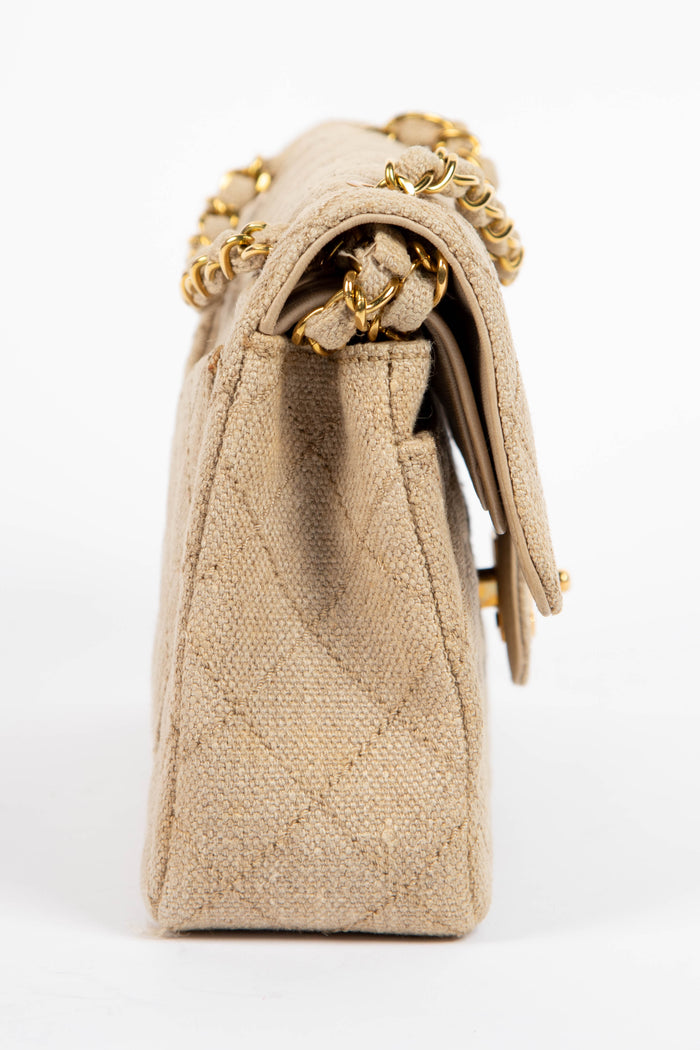 90s Chanel Linen Small Double Flap Shoulder Bag with 24k GHW