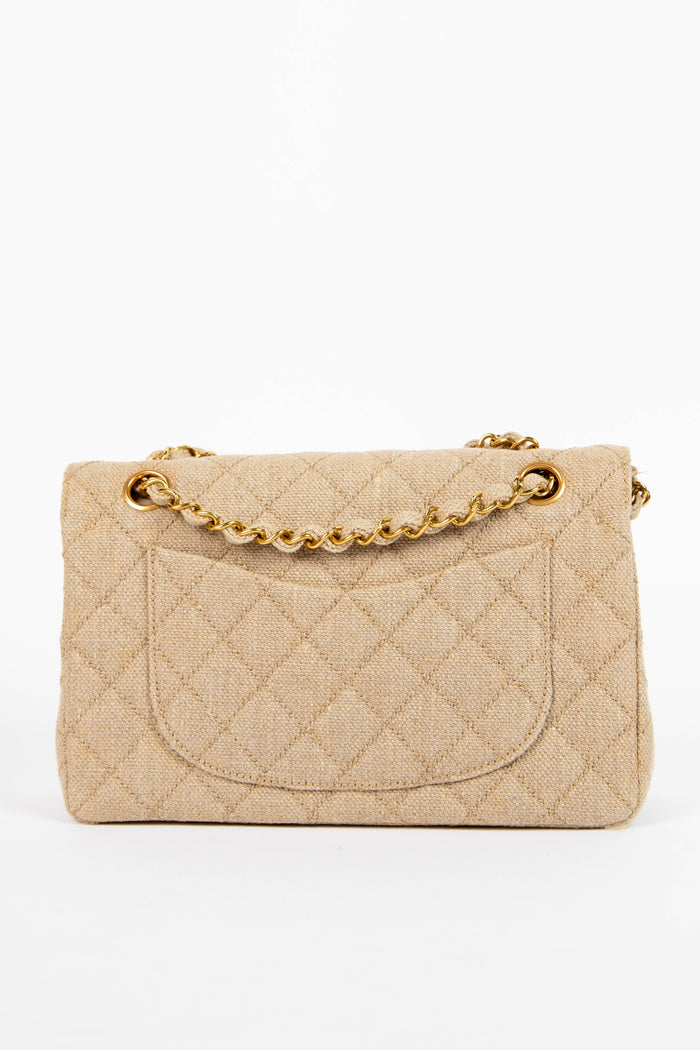 90s Chanel Linen Small Double Flap Shoulder Bag with 24k GHW