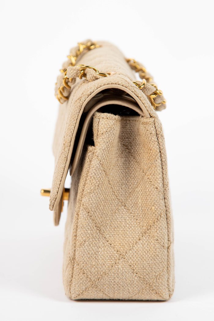 90s Chanel Linen Small Double Flap Shoulder Bag with 24k GHW