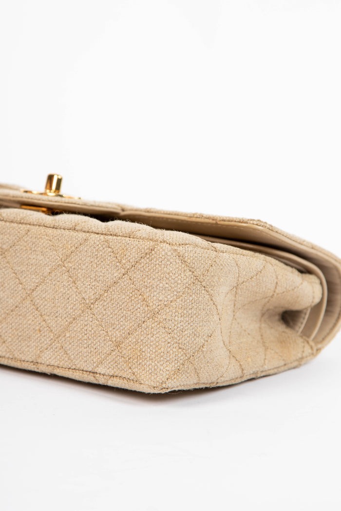 90s Chanel Linen Small Double Flap Shoulder Bag with 24k GHW