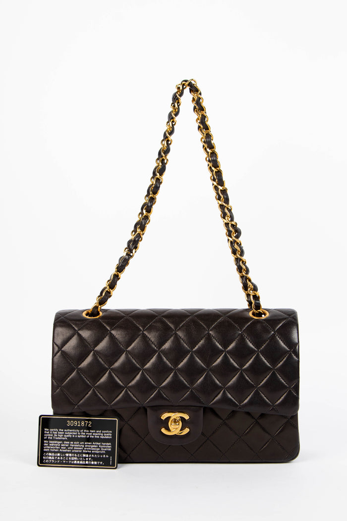 90s Chanel Black Lambskin Leather Medium Double Flap Shoulder Bag