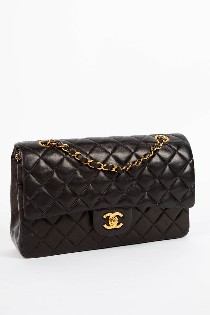 90s Chanel Black Lambskin Leather Medium Double Flap Shoulder Bag