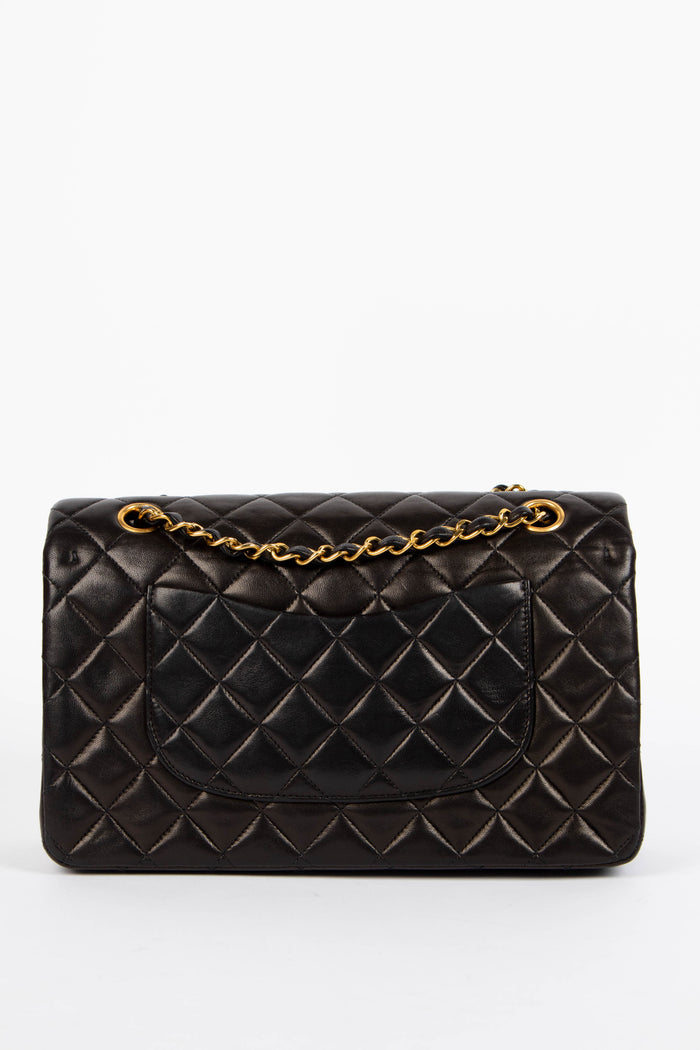 90s Chanel Black Lambskin Leather Medium Double Flap Shoulder Bag