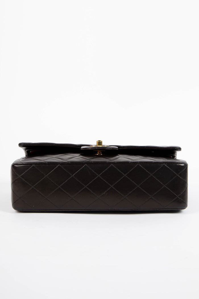90s Chanel Black Lambskin Leather Medium Double Flap Shoulder Bag