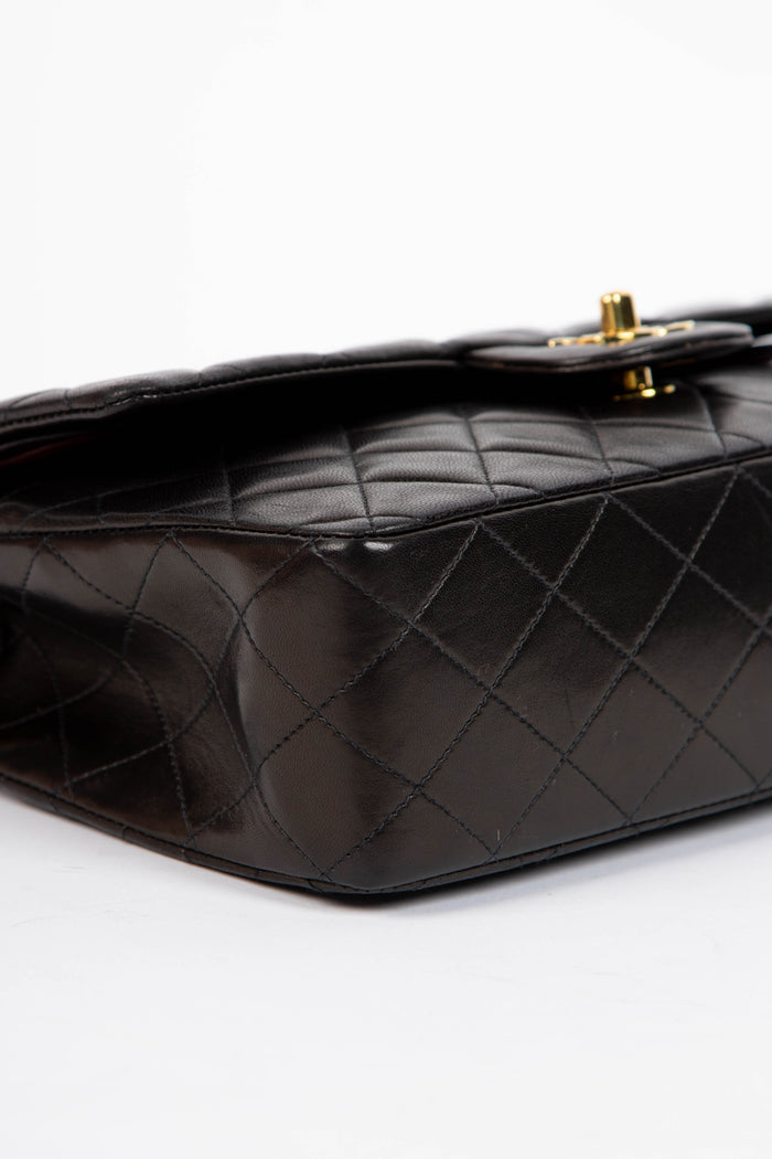 90s Chanel Black Lambskin Leather Medium Double Flap Shoulder Bag