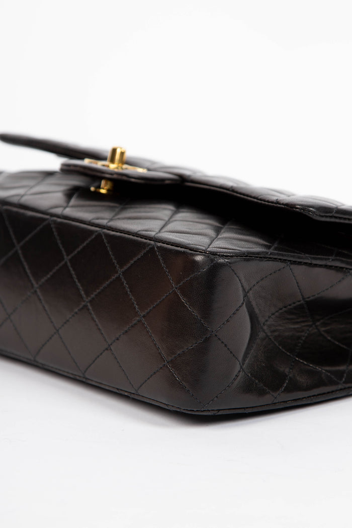 90s Chanel Black Lambskin Leather Medium Double Flap Shoulder Bag