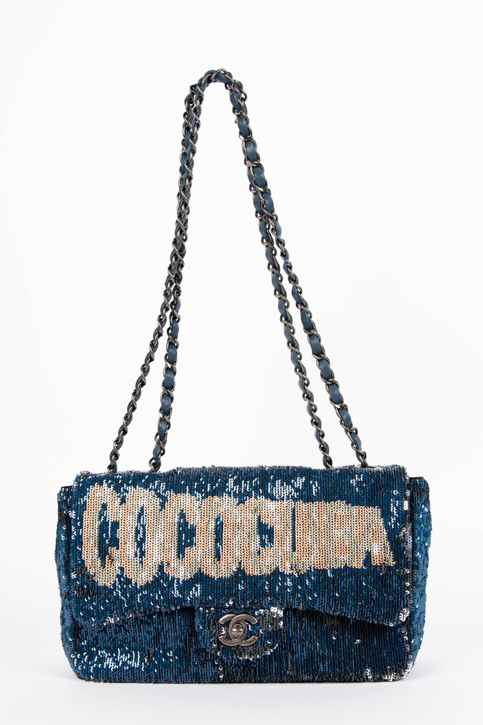 2010s Chanel Blue Sequin Coco Cuba Single Flap Bag