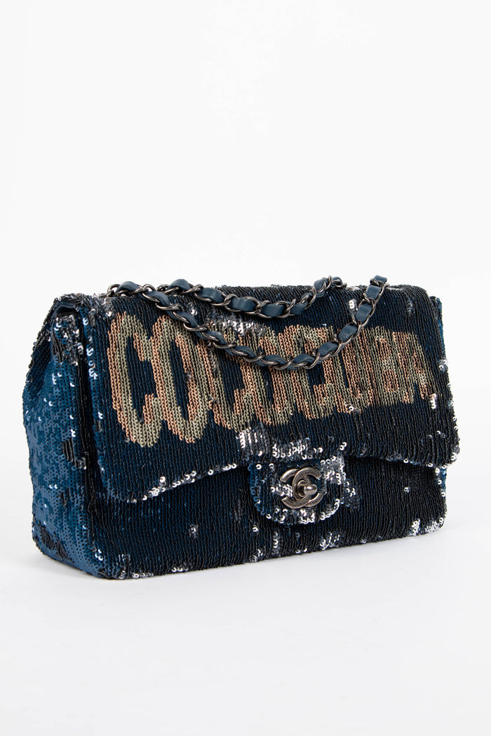 2010s Chanel Blue Sequin Coco Cuba Single Flap Bag