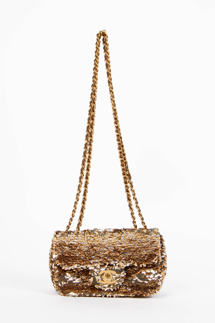 SUPER RARE 2010s Chanel Gold Sequin Micro Single Flap Bag