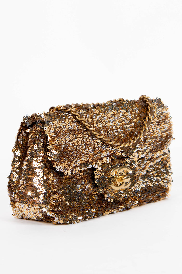 SUPER RARE 2010s Chanel Gold Sequin Micro Single Flap Bag