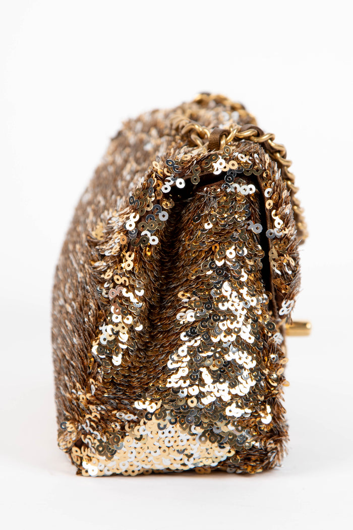 SUPER RARE 2010s Chanel Gold Sequin Micro Single Flap Bag