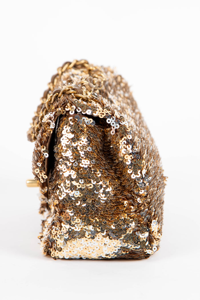 SUPER RARE 2010s Chanel Gold Sequin Micro Single Flap Bag
