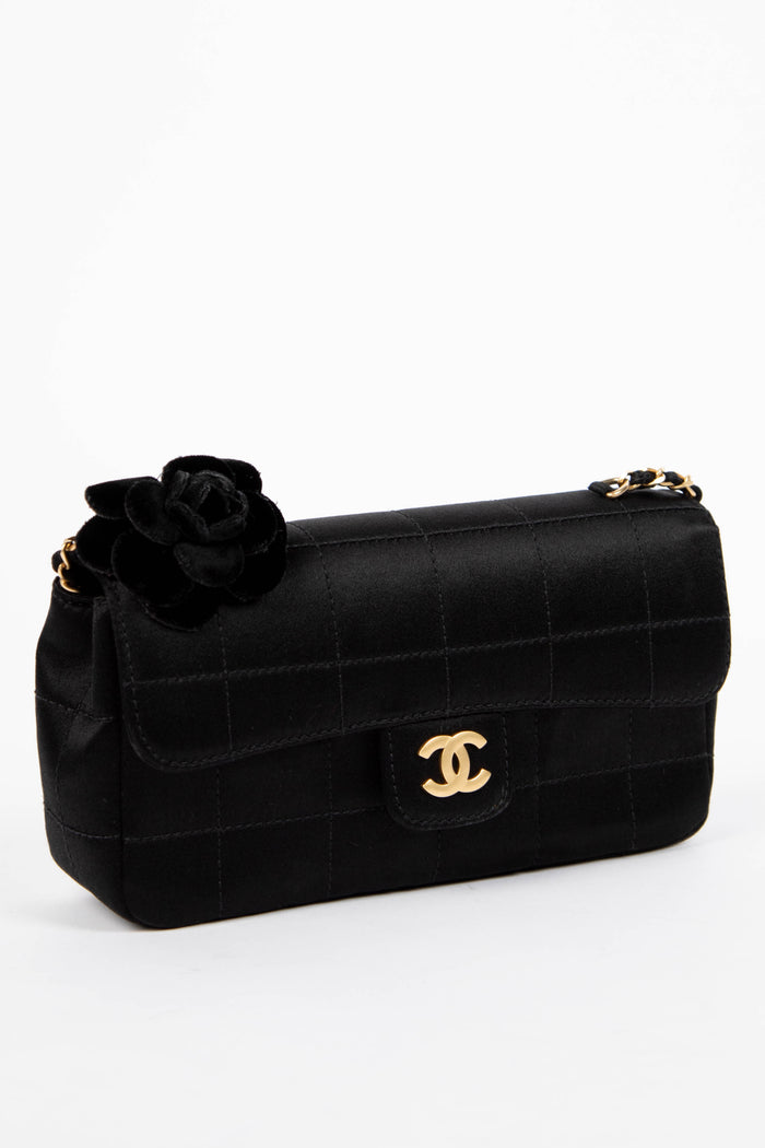 2000s Chanel Black Satin Mini Camellia Chocolate Bar Crossbody Bag