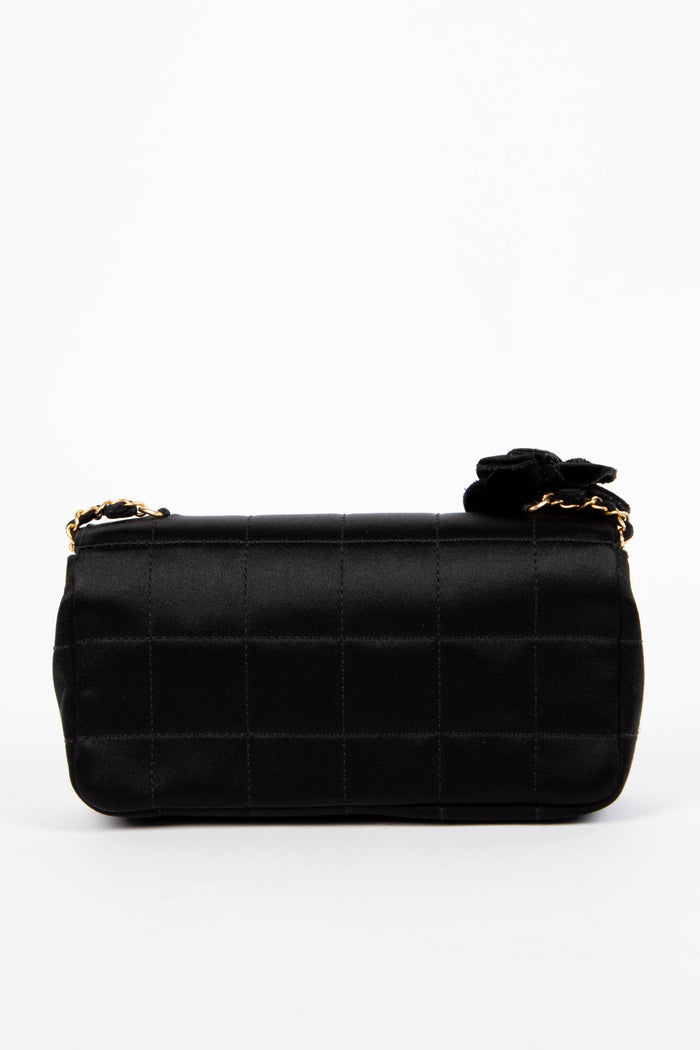 2000s Chanel Black Satin Mini Camellia Chocolate Bar Crossbody Bag