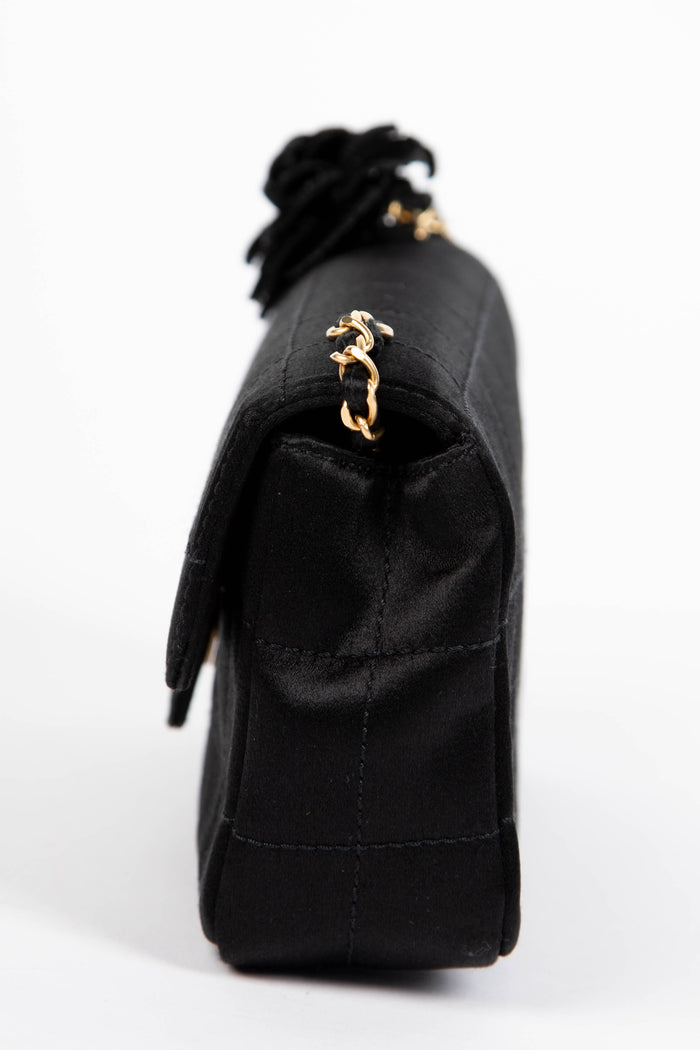 2000s Chanel Black Satin Mini Camellia Chocolate Bar Crossbody Bag