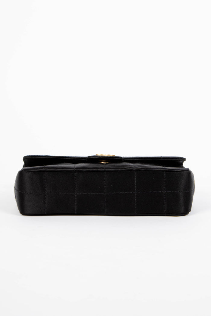 2000s Chanel Black Satin Mini Camellia Chocolate Bar Crossbody Bag