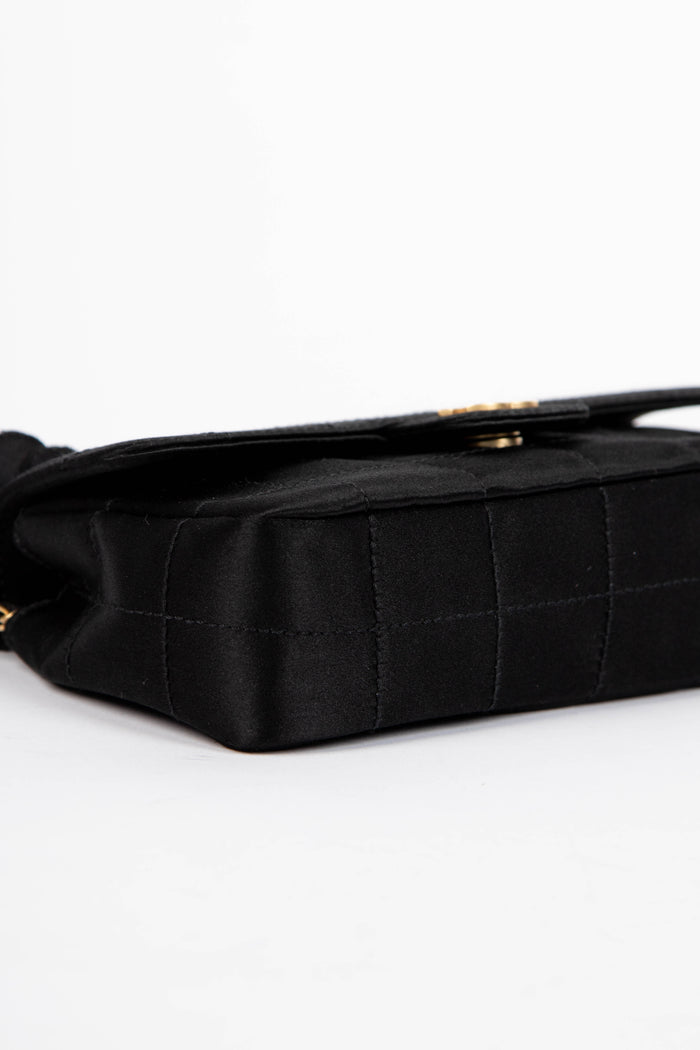 2000s Chanel Black Satin Mini Camellia Chocolate Bar Crossbody Bag