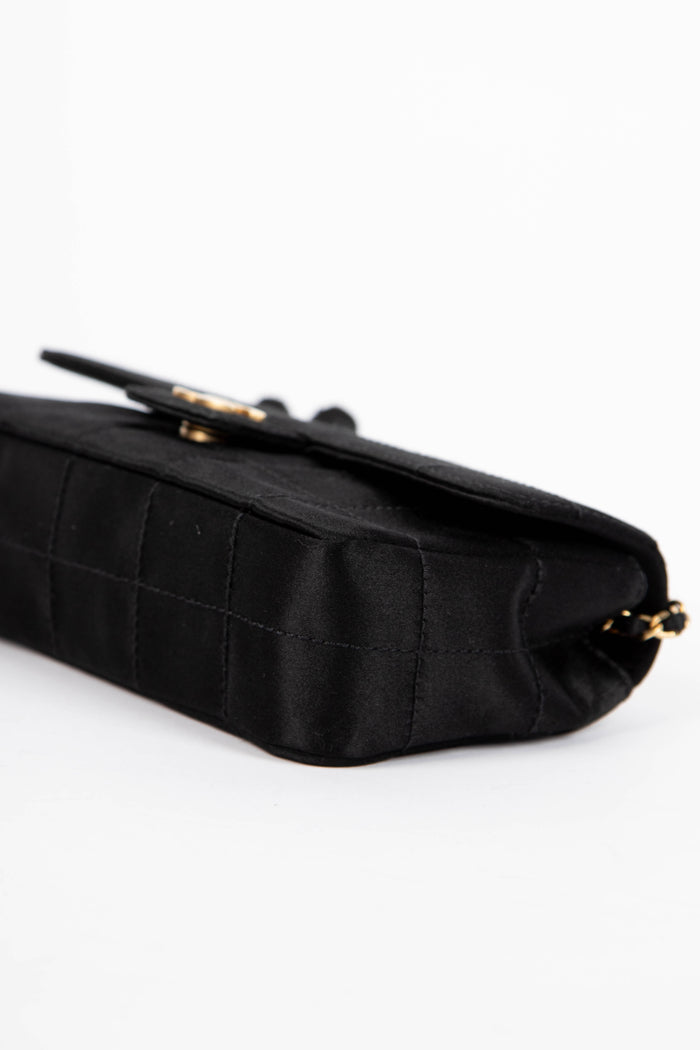 2000s Chanel Black Satin Mini Camellia Chocolate Bar Crossbody Bag