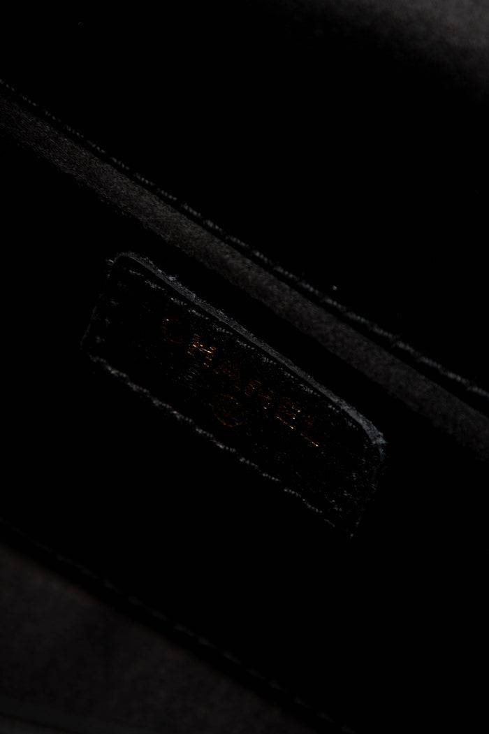 2000s Chanel Black Satin Mini Camellia Chocolate Bar Crossbody Bag