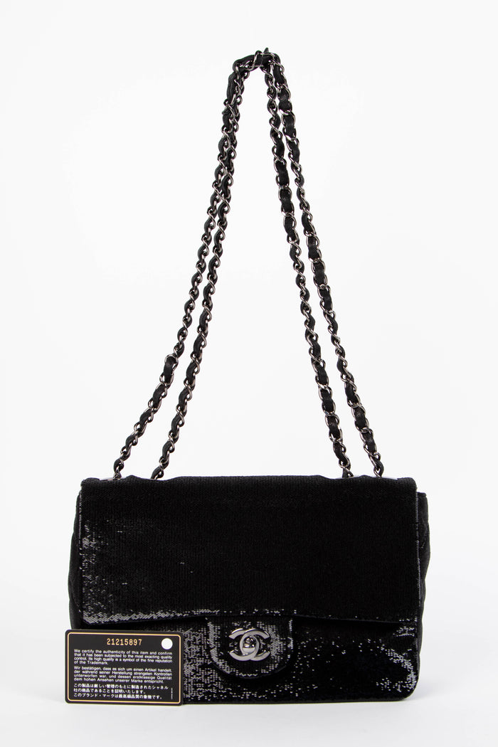 2010s Chanel Black Sequin Medium Single Flap Shoulder Bag