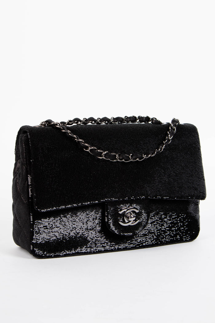 2010s Chanel Black Sequin Medium Single Flap Shoulder Bag