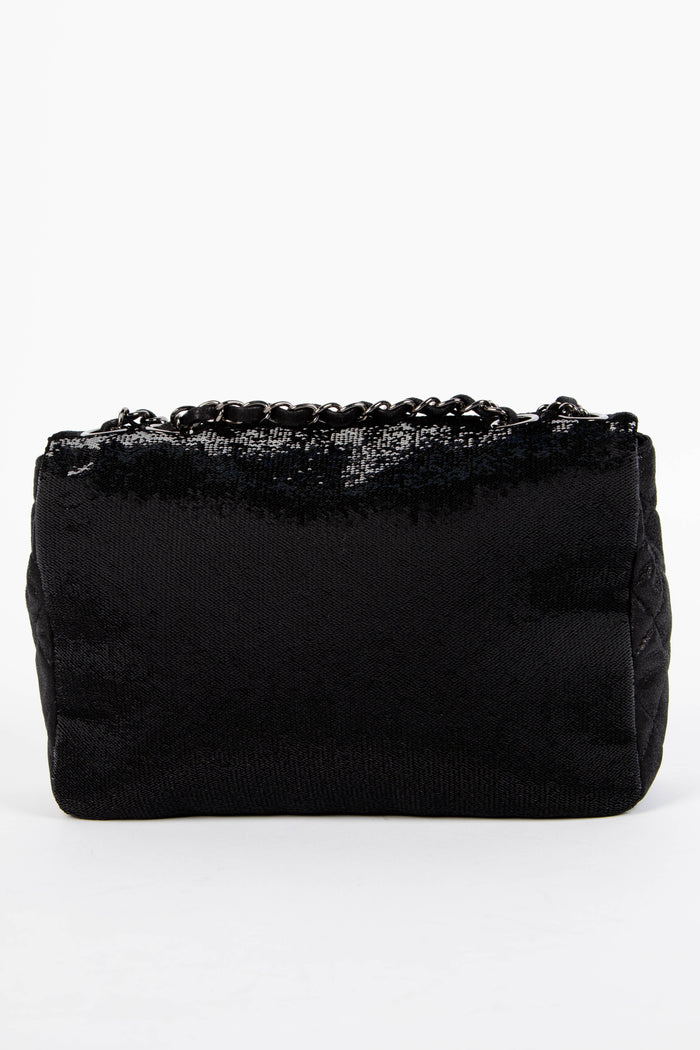 2010s Chanel Black Sequin Medium Single Flap Shoulder Bag