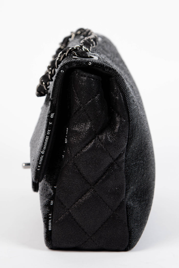 2010s Chanel Black Sequin Medium Single Flap Shoulder Bag