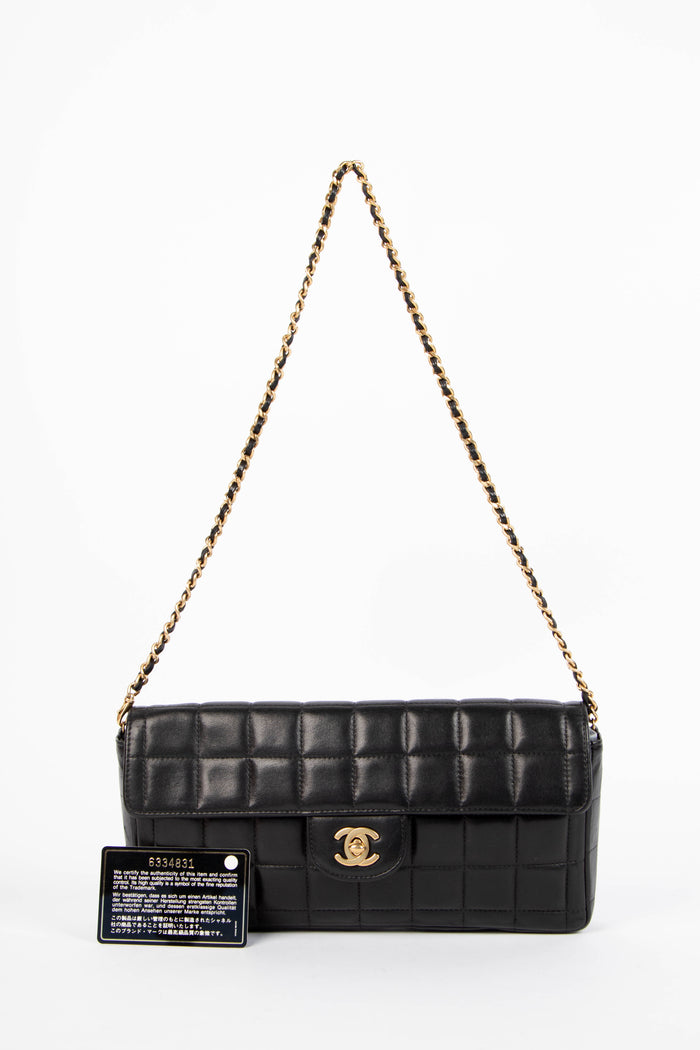 2000s Chanel Black Lambskin Leather East West Chocolate Bar Shoulder Bag