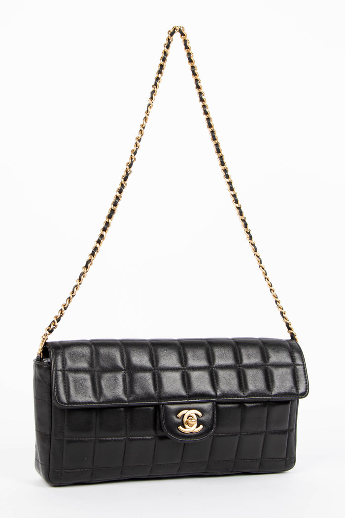 2000s Chanel Black Lambskin Leather East West Chocolate Bar Shoulder Bag