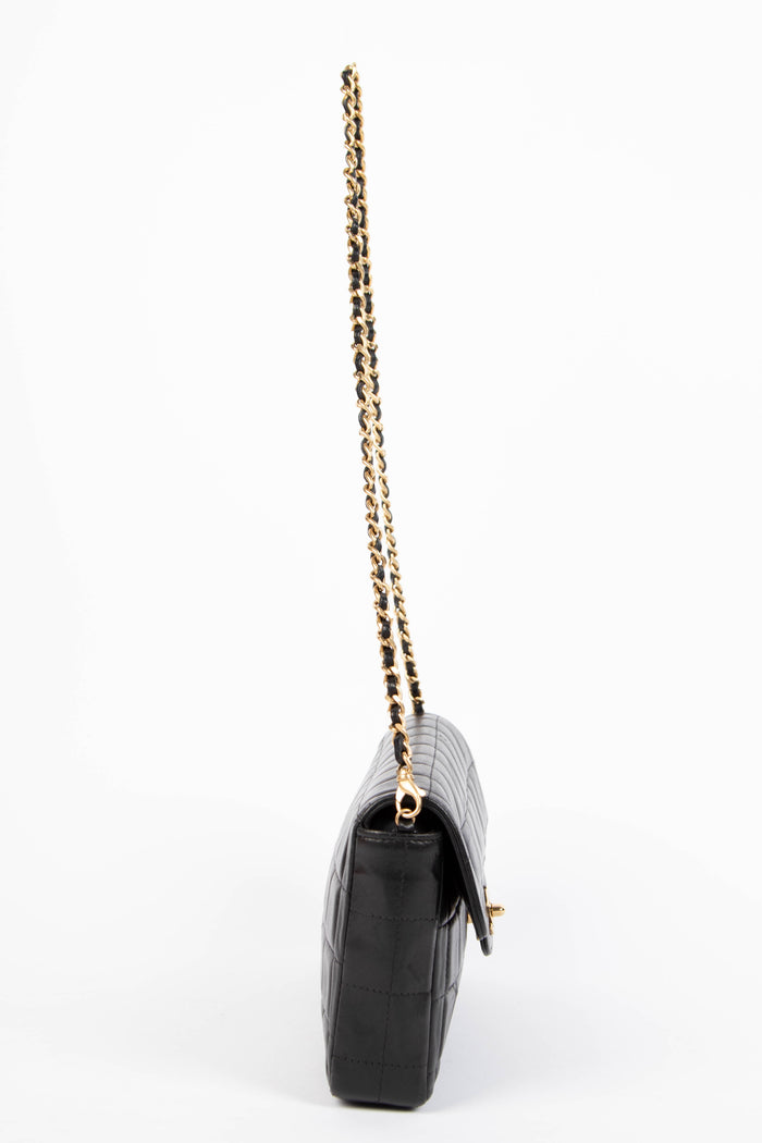 2000s Chanel Black Lambskin Leather East West Chocolate Bar Shoulder Bag