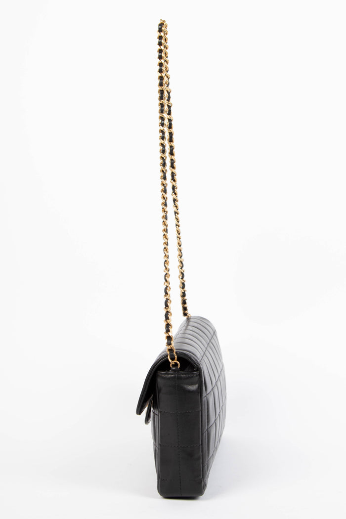 2000s Chanel Black Lambskin Leather East West Chocolate Bar Shoulder Bag