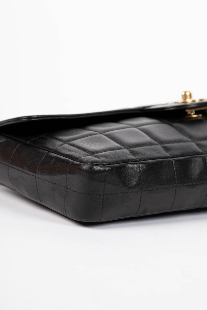 2000s Chanel Black Lambskin Leather East West Chocolate Bar Shoulder Bag