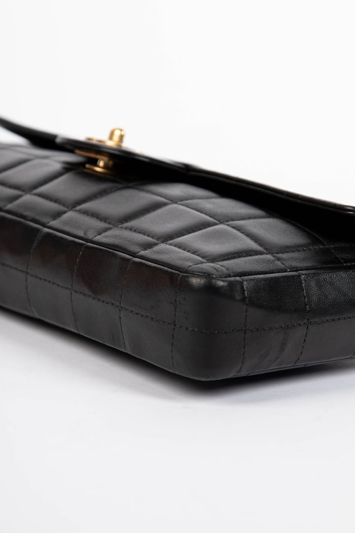 2000s Chanel Black Lambskin Leather East West Chocolate Bar Shoulder Bag