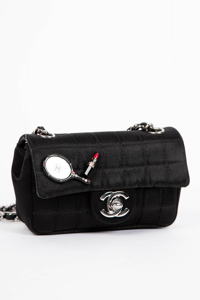 RARE 2000s Chanel Black Silk Micro Chocolate Bar Single Flap Bag