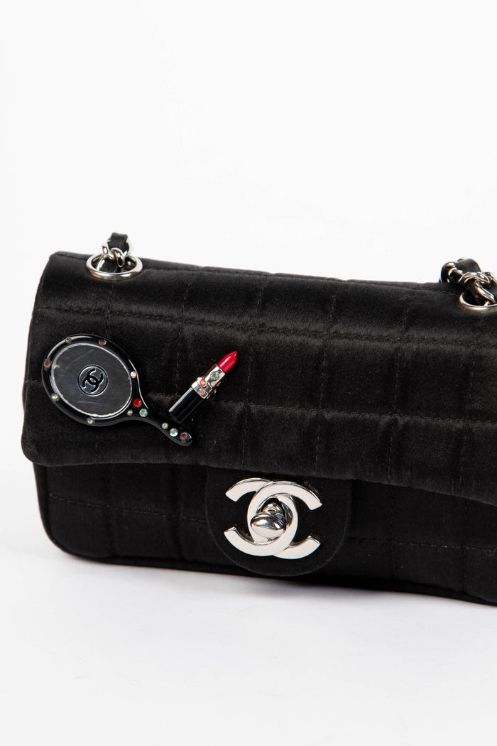 RARE 2000s Chanel Black Silk Micro Chocolate Bar Single Flap Bag