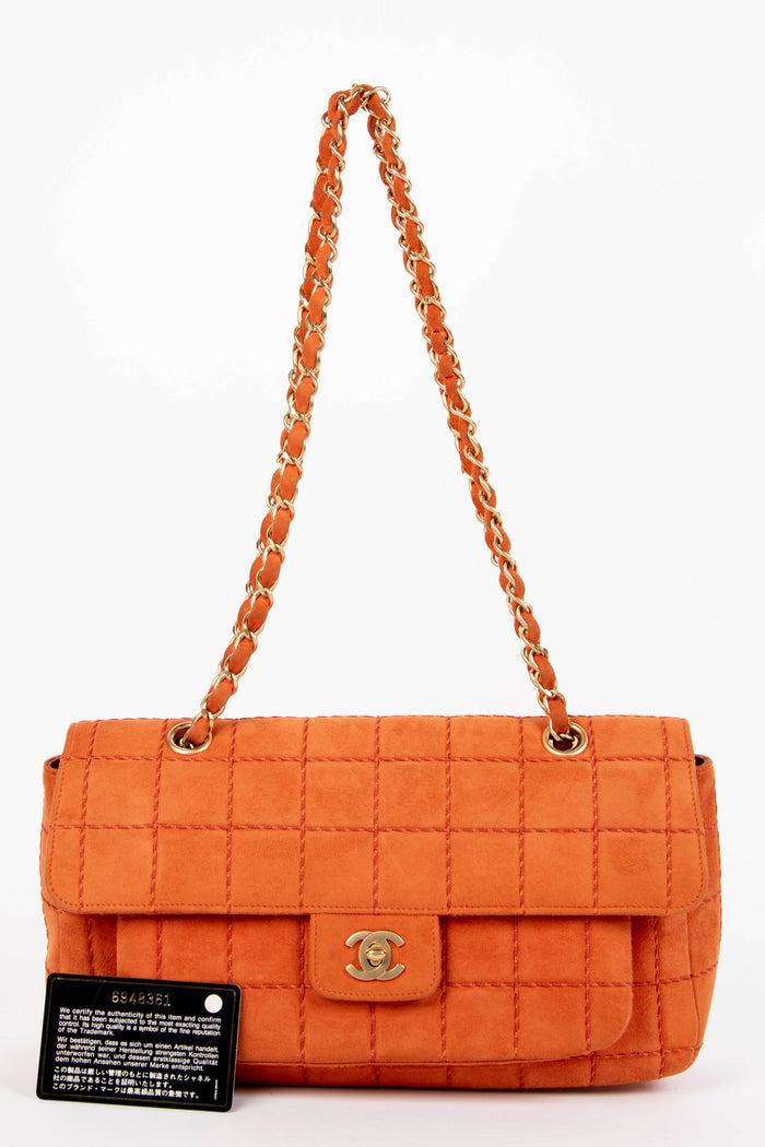 2000s Chanel Orange Suede Chocolate Bar Single Flap Bag