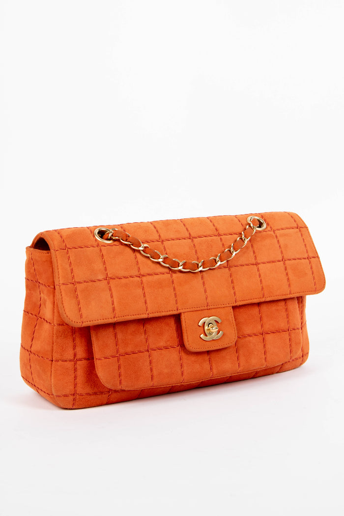 2000s Chanel Orange Suede Chocolate Bar Single Flap Bag