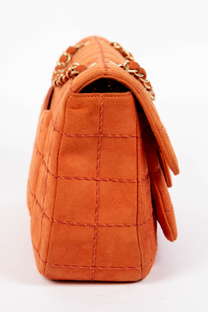 2000s Chanel Orange Suede Chocolate Bar Single Flap Bag