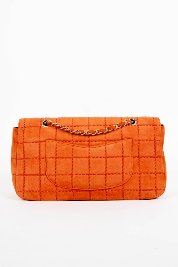 2000s Chanel Orange Suede Chocolate Bar Single Flap Bag
