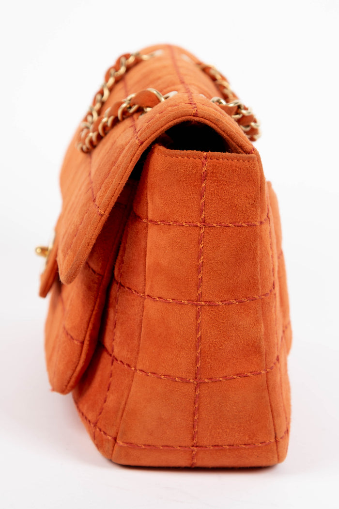 2000s Chanel Orange Suede Chocolate Bar Single Flap Bag