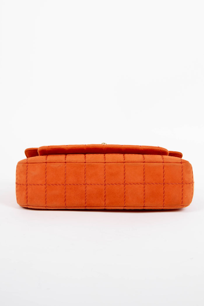2000s Chanel Orange Suede Chocolate Bar Single Flap Bag