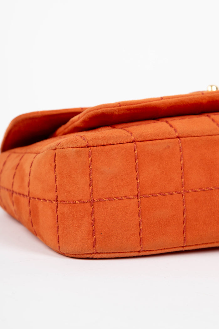 2000s Chanel Orange Suede Chocolate Bar Single Flap Bag