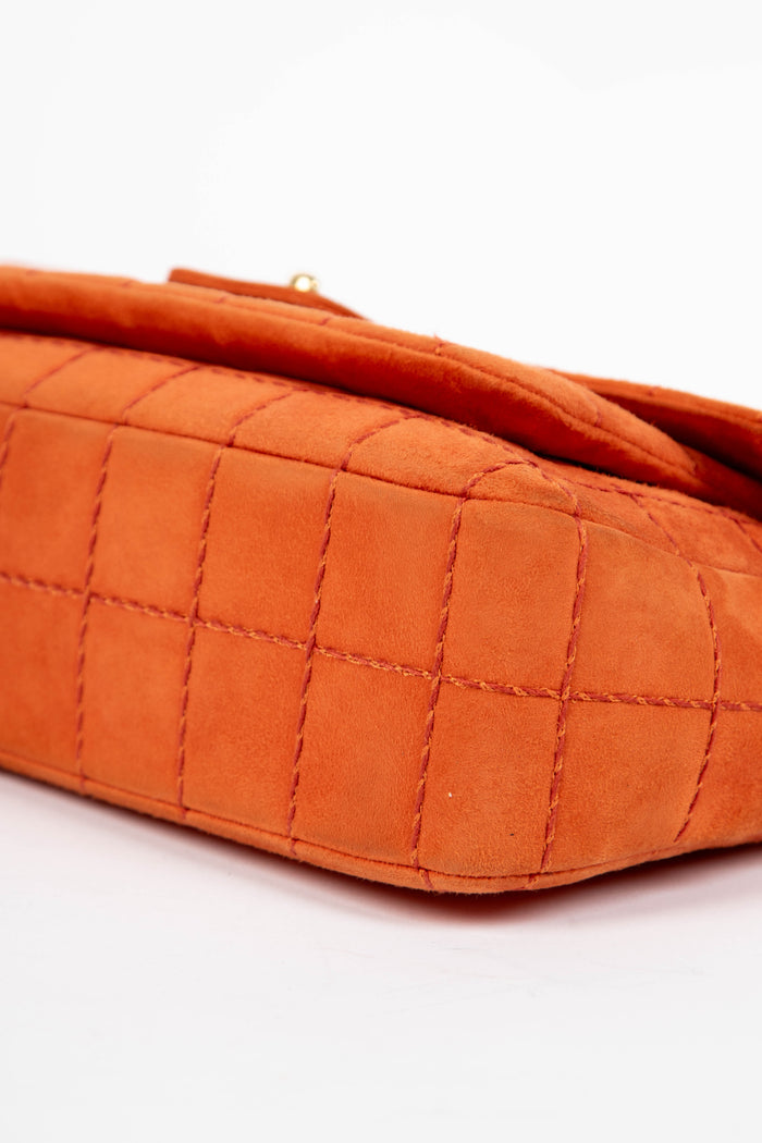 2000s Chanel Orange Suede Chocolate Bar Single Flap Bag