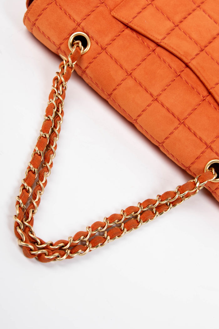 2000s Chanel Orange Suede Chocolate Bar Single Flap Bag