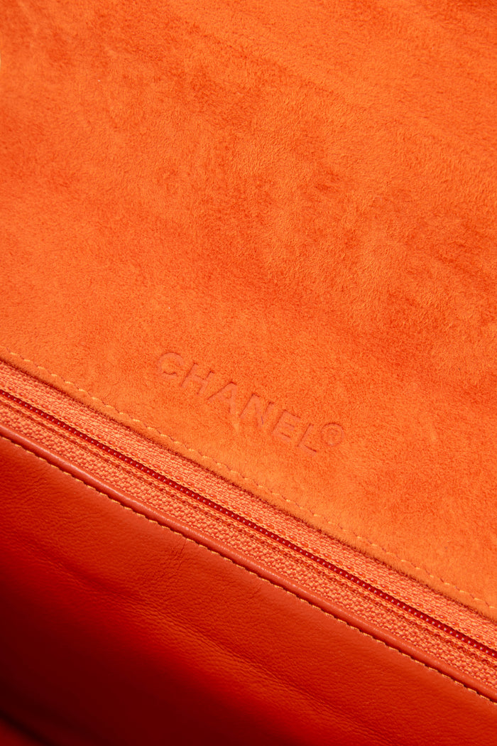 2000s Chanel Orange Suede Chocolate Bar Single Flap Bag