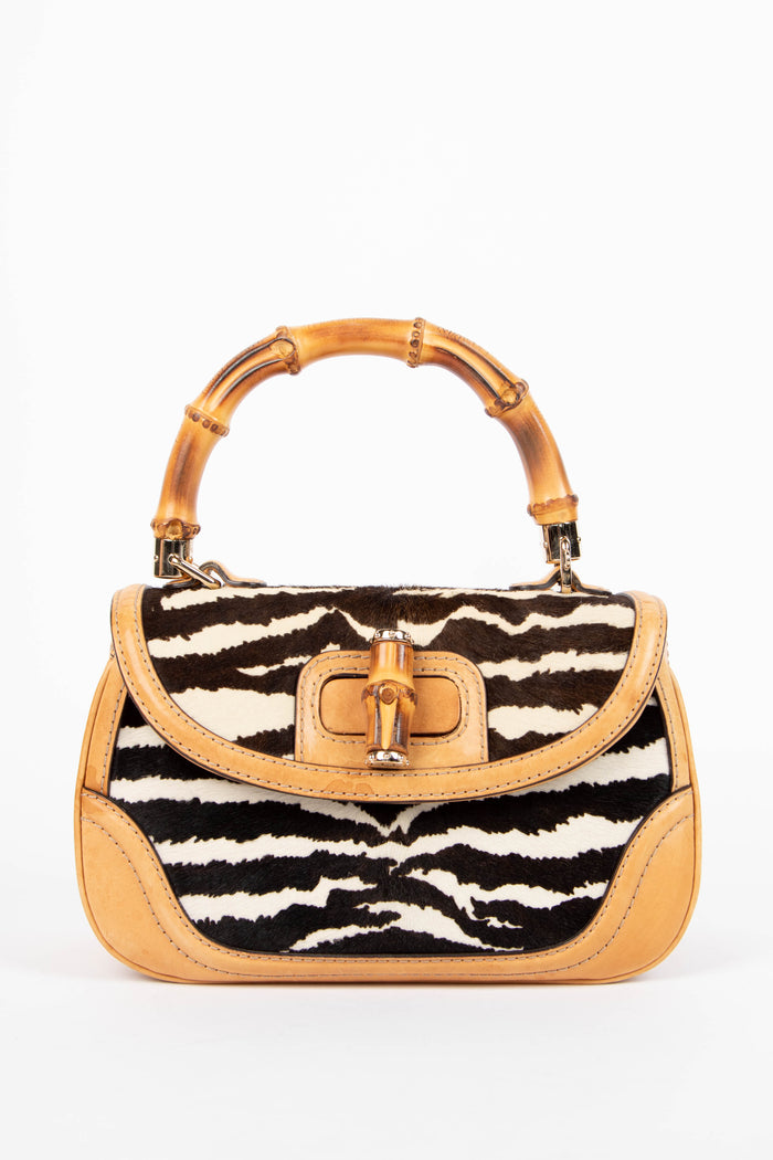 RARE Vintage Gucci Zebra Print Pony Hair Bamboo Top Handle Bag