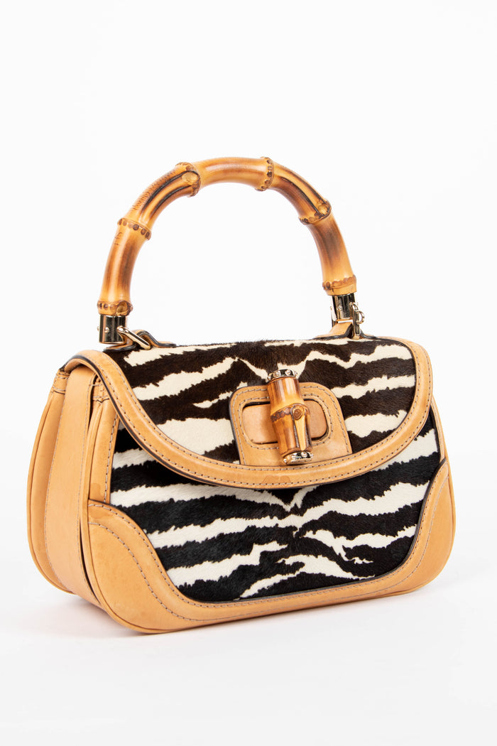 RARE Vintage Gucci Zebra Print Pony Hair Bamboo Top Handle Bag