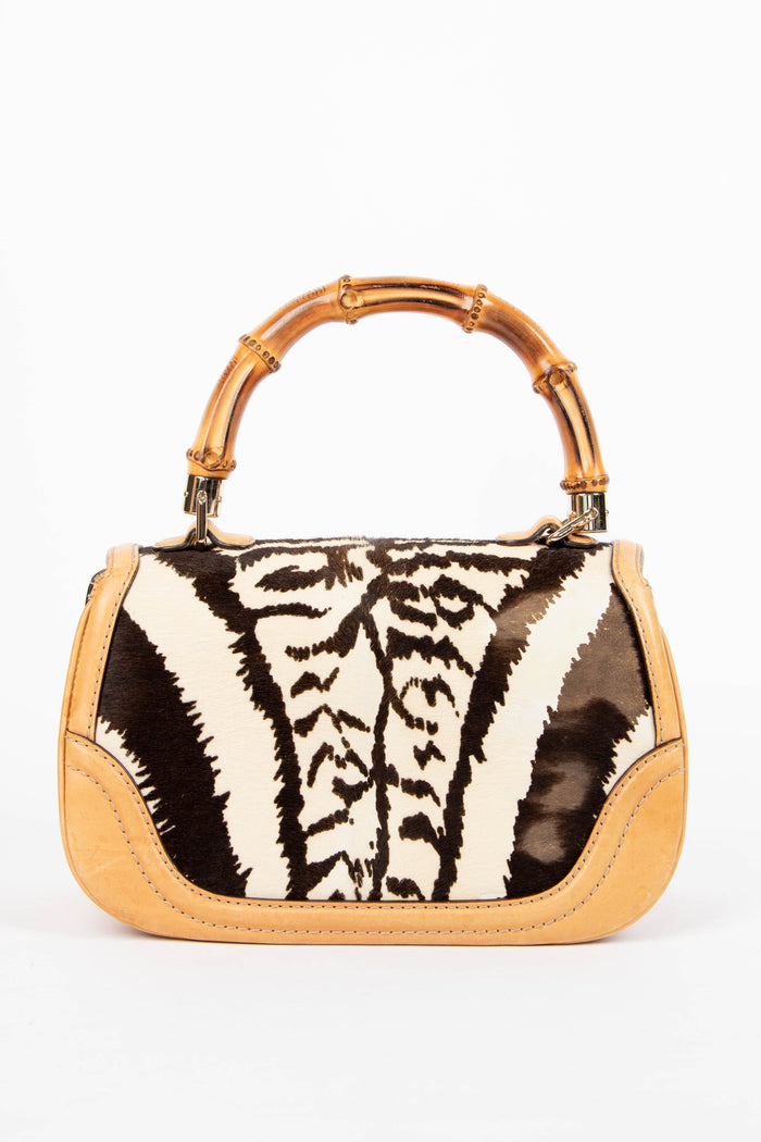 RARE Vintage Gucci Zebra Print Pony Hair Bamboo Top Handle Bag