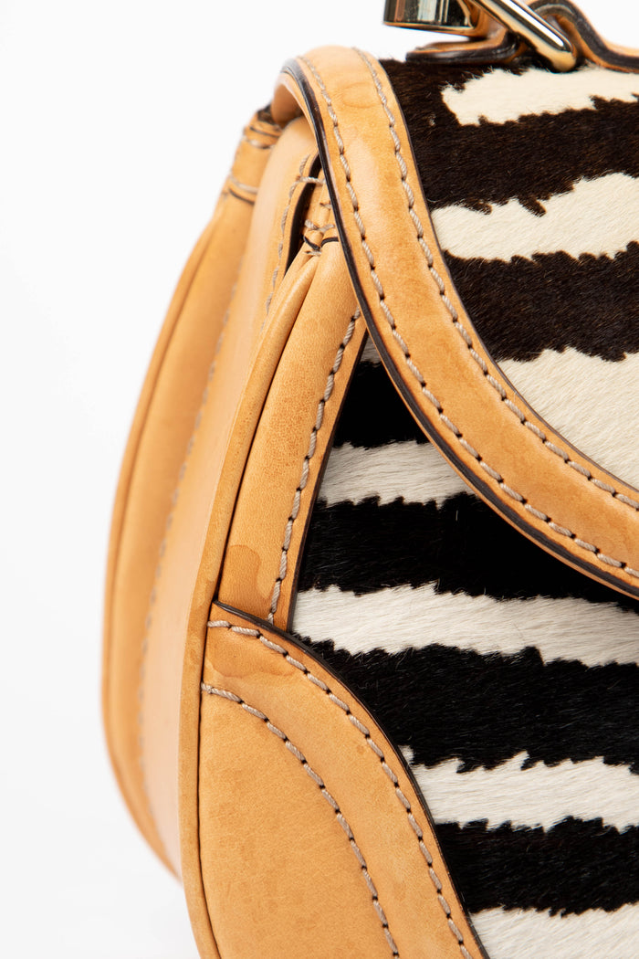 RARE Vintage Gucci Zebra Print Pony Hair Bamboo Top Handle Bag